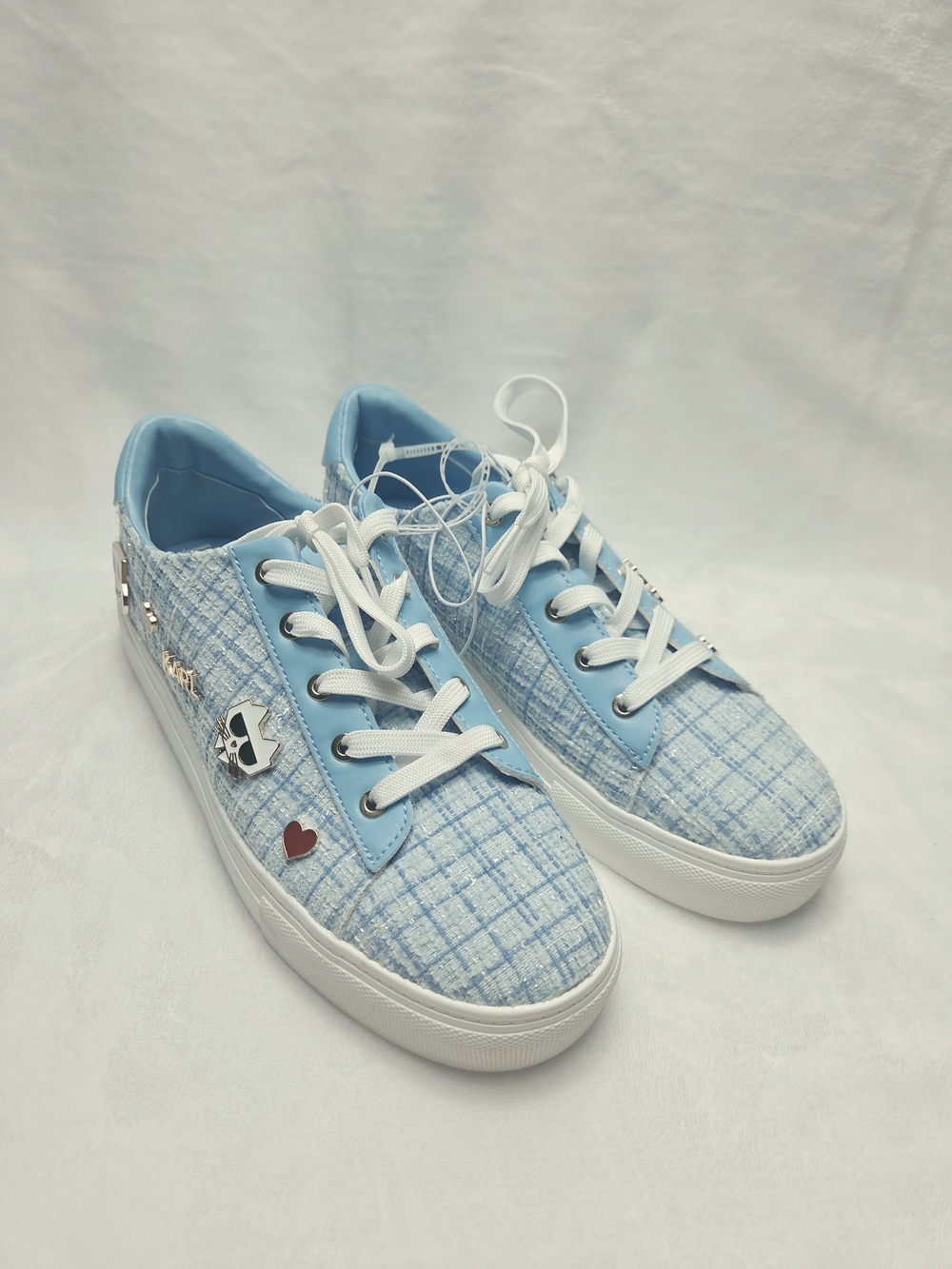 Karl Lagerfeld Light Blue Tweed Low-Top Sneakers with Charm Accents